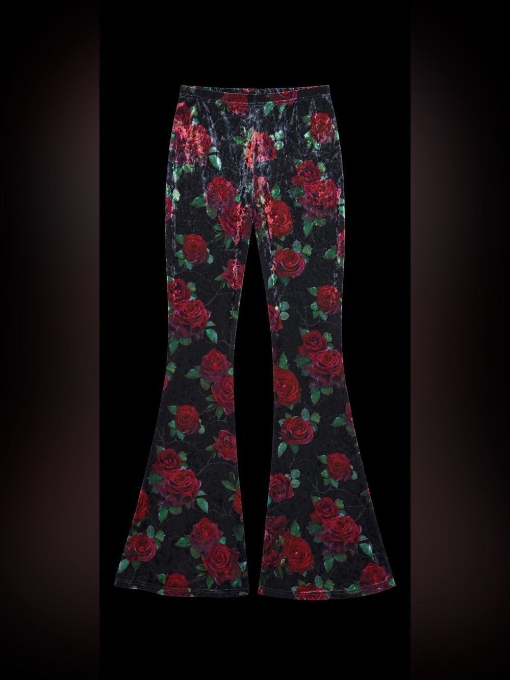 Widow Black Floral Velvet Flare Pants with Red Rose Print